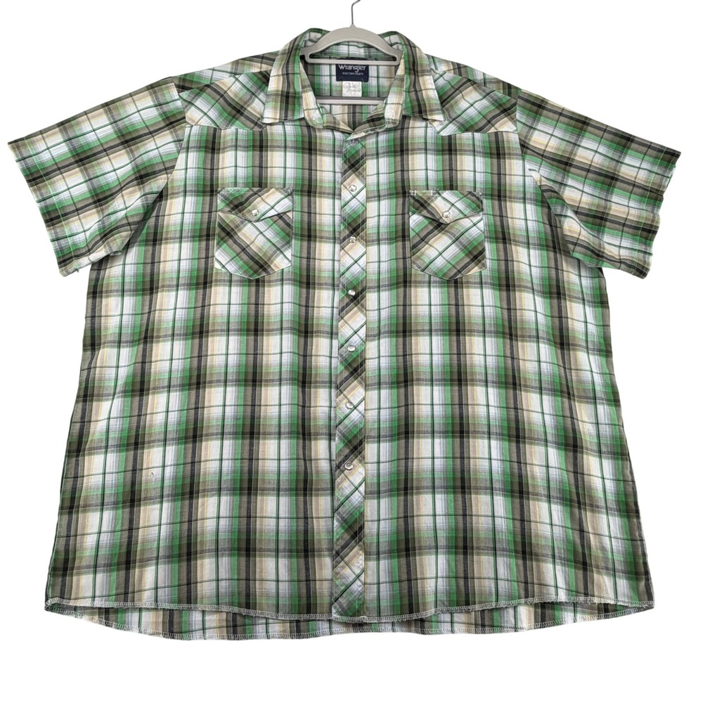 Wrangler Western Shirt Mens 3X Green Plaid Pearl Snap Short Sleeve Workwear